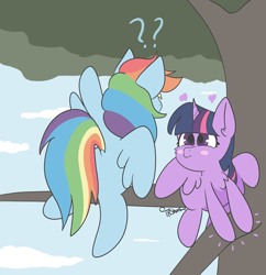 Size: 3366x3478 | Tagged: safe, artist:tkshoelace, imported from derpibooru, rainbow dash, twilight sparkle, alicorn, pegasus, pony, chest fluff, duo, duo female, female, lesbian, question mark, shipping, tree, twidash, twilight sparkle (alicorn)