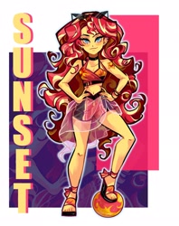 Size: 1622x2048 | Tagged: safe, artist:libbly_libby, imported from derpibooru, sunset shimmer, human, equestria girls, 2d, clothes, collar, commission, female, hand on hip, high heels, legs, looking at you, shoes, shorts, smiling, smiling at you, solo, sunglasses, toes, wrist cuffs, wristband