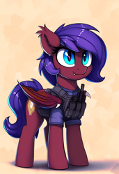 Size: 832x1216 | Tagged: safe, imported from derpibooru, oc, oc only, bat pony, pony, ai content, ai generated, bat pony oc, bat wings, clothes, ear tufts, fangs, generator:novelai, generator:stable diffusion, prompter:flitter4935, tactical vest, wings