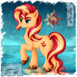 Size: 1580x1580 | Tagged: safe, artist:liliart1211, imported from derpibooru, sunset shimmer, pony, unicorn, bacon, digital art, digital painting, fanart, food, horn, magic, meat, painting, rain, sunset, water
