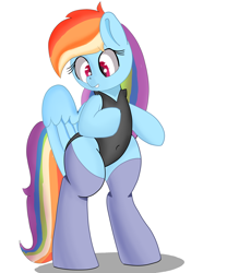 Size: 2500x3000 | Tagged: safe, artist:kenzie, imported from derpibooru, rainbow dash, pegasus, pony, belly button, bipedal, clothes, cute, dashabetes, female, happy, human shoulders, latex, latex suit, mare, paint tool sai, partially open wings, simple background, simple shading, smiling, socks, solo, thigh highs, thighs, white background, wings