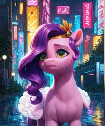 Size: 1000x1200 | Tagged: prompter needed, source needed, safe, imported from derpibooru, pipp petals, pegasus, pony, ai content, ai generated, crown, crying, female, g5, jewelry, rain, regalia, sad, solo