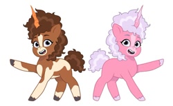 Size: 640x395 | Tagged: safe, artist:jazzhooves, imported from derpibooru, earth pony, pony, unicorn, spoiler:g5, spoiler:my little pony: tell your tale, blaze (coat marking), carrot, carrot horn, coat markings, duo, duo female, facial markings, fake horn, female, food, g5, horn, my little pony: tell your tale, open mouth, open smile, pinto, raised hoof, self paradox, self ponidox, simple background, smiling, style emulation, thelma (thelma the unicorn), thelma the unicorn, white background