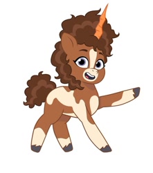 Size: 640x725 | Tagged: safe, artist:jazzhooves, imported from derpibooru, earth pony, pony, blaze (coat marking), carrot, carrot horn, coat markings, facial markings, fake horn, female, food, g5, my little pony: tell your tale, open mouth, open smile, pinto, raised hoof, simple background, smiling, solo, style emulation, thelma (thelma the unicorn), thelma the unicorn, white background