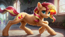 Size: 1920x1080 | Tagged: safe, imported from derpibooru, sunset shimmer, pony, unicorn, equestria girls, ai content, ai generated, canterlot high, concave belly, female, full body, generator:autismmix confetti, generator:stable diffusion, high school, horn, human world, lacrimal caruncle, looking at you, mare, prompter:truekry, sneaking, solo