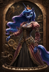 Size: 3328x4864 | Tagged: safe, imported from derpibooru, part of a set, princess luna, alicorn, anthro, ai content, ai generated, blue mane, blue skin, clothes, crown, dress, ethereal mane, female, gears, generator:stable diffusion, gown, jewelry, multicolored hair, portrait of a princess, prompter:lunarusnexus, regalia, solo, steampunk