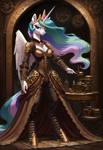 Size: 3328x4864 | Tagged: safe, imported from derpibooru, part of a set, princess celestia, alicorn, anthro, unguligrade anthro, ai content, ai generated, clothes, crown, dress, ethereal mane, female, gears, generator:stable diffusion, gown, jewelry, multicolored hair, portrait of a princess, prompter:lunarusnexus, regalia, solo, steampunk