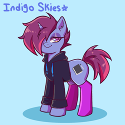Size: 1500x1500 | Tagged: safe, artist:artkett1412, edit, editor:strifesnout, imported from twibooru, oc, oc:indigo sky, pony, unicorn, bedroom eyes, blue background, clothes, cutie mark, ear fluff, hair over one eye, hoodie, horn, image, looking at you, png, short tail, simple background, smiling, smiling at you, socks, solo, unicorn oc