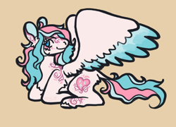 Size: 1600x1152 | Tagged: safe, artist:venus_ai_, edit, editor:strifesnout, imported from twibooru, star catcher, pegasus, pony, blue eyes, cutie mark, female, g3, image, looking at you, mare, png, simple background, solo, spread wings, tail, two toned mane, two toned tail, wings, yellow background