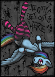 Size: 680x950 | Tagged: safe, artist:expectationemesis, imported from derpibooru, rainbow dash, pegasus, pony, clothes, cuffs, female, looking at you, mare, socks, solo, striped socks, text, thigh highs