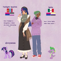 Size: 2048x2048 | Tagged: safe, artist:cryweas, imported from derpibooru, spike, twilight sparkle, dragon, human, pony, unicorn, alternate hairstyle, asexual, asexual pride flag, bisexual pride flag, clothes, coat, converse, dark skin, dreadlocks, ear piercing, earring, gritted teeth, hat, headcanon, high heels, hoodie, humanized, jewelry, mexican, mexican flag, mongolia, mongolian, necklace, nonbinary, nonbinary pride flag, piercing, pride, pride flag, purple background, ring, shirt, shoes, simple background, socks, stockings, striped socks, sweater vest, teeth, thigh highs, unicorn twilight