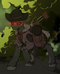 Size: 4930x6104 | Tagged: safe, artist:tatykin, imported from derpibooru, oc, oc:sticks, earth pony, ghoul, undead, fallout equestria, dark background, fallout, glowing, glowing eyes, green coat, gun, hat, hunter, looking at you, male, menacing, radiation, raised hoof, rifle, standing, threatening, wasteland, weapon