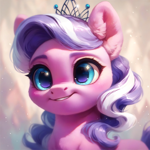 Size: 4096x4096 | Tagged: safe, imported from derpibooru, diamond tiara, earth pony, pony, ai assisted, ai content, ai generated, big eyes, blue eyes, blushing, crown, cute, ear fluff, fluffy, generator:purplesmart.ai, generator:stable diffusion, happy, jewelry, prompter:saltyvity, purple mane, regalia, simple background, smiling, solo, sparkles