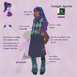 Size: 2048x2048 | Tagged: safe, artist:cryweas, imported from derpibooru, sci-twi, spike, twilight sparkle, cyborg, human, equestria girls, alternate hairstyle, asexual, asexual pride flag, bag, boots, clothes, dark skin, duo, eyeshadow, glasses, headcanon, hoodie, humanized, islam, leg warmers, leggings, makeup, nonbinary, open mouth, pakistan, pride, pride flag, purple background, reference sheet, shoes, shorts, simple background, skirt, socks, sweater, sweater vest
