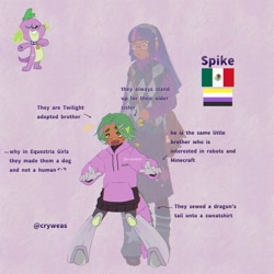 Size: 2048x2048 | Tagged: safe, artist:cryweas, imported from derpibooru, sci-twi, spike, spike the regular dog, twilight sparkle, cyborg, dog, human, equestria girls, alternate hairstyle, asexual, asexual pride flag, bag, boots, clothes, collar, dark skin, duo, eyeshadow, glasses, headcanon, hoodie, humanized, islam, leg warmers, leggings, makeup, mexican, mexican flag, nonbinary, open mouth, pakistan, pride, pride flag, purple background, reference sheet, shoes, shorts, simple background, skirt, socks, sweater, sweater vest, sweatshirt