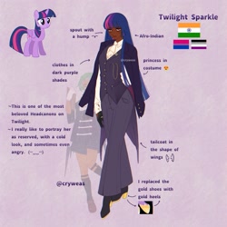 Size: 2048x2048 | Tagged: safe, artist:cryweas, imported from derpibooru, spike, twilight sparkle, alicorn, human, pony, african, alternate hairstyle, asexual, asexual pride flag, bisexual pride flag, boots, clothes, coat, dark skin, duo, eyeshadow, female, gloves, headcanon, high heel boots, hoof shoes, humanized, india, indian, makeup, mare, nonbinary, open mouth, pants, pride, pride flag, purple background, reference sheet, shirt, shoes, shorts, simple background, skirt, socks, suit, twilight sparkle (alicorn), vest