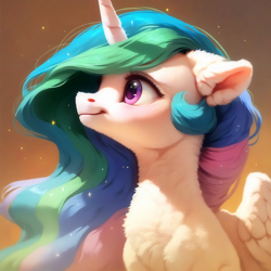 Size: 4096x4096 | Tagged: safe, imported from derpibooru, princess celestia, alicorn, pony, ai assisted, ai content, ai generated, beautiful, blushing, cute, ear fluff, fluffy, generator:purplesmart.ai, generator:stable diffusion, happy, long hair, pink eyes, prompter:saltyvity, simple background, smiling, solo, sparkles