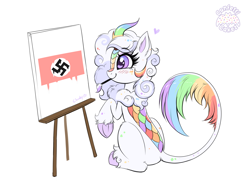 Size: 5319x4000 | Tagged: safe, artist:confetticakez, edit, editor:strifesnout, imported from twibooru, oc, oc only, oc:cloudy canvas, kirin, image, kirin oc, mouth hold, nazi, nazi flag, paintbrush, png, rainbow colors, simple background, solo, swastika, underhoof, white background