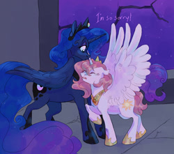 Size: 1700x1500 | Tagged: safe, artist:abbytabbys, imported from derpibooru, princess celestia, princess luna, alicorn, pony, friendship is magic, alternate universe, blue coat, blue mane, castle of the royal pony sisters, colored, colored eyebrows, crown, crying, curly mane, curly tail, detailed background, dialogue, duo, duo female, ethereal mane, ethereal tail, eye clipping through hair, eyebrows, eyebrows visible through hair, eyelashes, eyes closed, eyeshadow, female, floppy ears, folded wings, frown, gradient mane, gradient tail, height difference, hoof shoes, horn, indoors, jewelry, large wings, long horn, long mane, long tail, looking at someone, makeup, night, open frown, open mouth, peytral, pink mane, pink tail, pink-mane celestia, princess shoes, profile, purple eyeshadow, raised hoof, regalia, reunion, role reversal, royal sisters, shiny mane, shiny tail, short tail, siblings, sisters, sparkly mane, sparkly tail, spread wings, standing, starry mane, starry tail, stars, tail, talking, teeth, text, tiara, unicorn horn, white coat, wing fluff, wings, young celestia, younger celestia