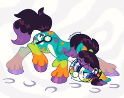 Size: 828x657 | Tagged: safe, artist:bishopony, imported from derpibooru, oc, oc only, oc:mystery clue, earth pony, pony, :t, abstract background, big glasses, blaze (coat marking), coat markings, colored, colored belly, colored eartips, colored hooves, commission, crouching, eyelashes, facial markings, female, freckles, glasses, hairclip, hoofprints, investigation, leaning forward, mare, mealy mouth (coat marking), multicolored coat, narrowed eyes, pale belly, ponytail, purple eyes, purple hooves, round glasses, scrunchy face, shiny hooves, shiny mane, shiny tail, signature, socks (coat markings), solo, starry eyes, tail, tied mane, two toned mane, two toned tail, unshorn fetlocks, walking, wingding eyes