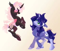 Size: 828x707 | Tagged: safe, artist:bishopony, imported from derpibooru, oc, oc only, changeling, pony, unicorn, bald face, big eyes, black coat, blaze (coat marking), blush scribble, blushing, carapace, changeling eyes, changeling horn, changeling oc, changeling wings, coat markings, colored, colored eartips, colored horn, colored pinnae, commission, curly mane, curly tail, duo, ear tufts, facial hair, facial markings, fangs, flapping wings, floppy ears, flying, gradient background, green eyes, horn, lidded eyes, long mane, long tail, looking at someone, motion lines, oc name needed, open mouth, open smile, pink eyes, purple coat, purple mane, purple tail, raised hoof, raised hooves, rearing, shiny eyes, shiny mane, shiny tail, short mane, short tail, signature, smiling, smiling at someone, socks (coat markings), standing, tail, unicorn horn, unicorn oc, wavy mane, wavy tail, wingding eyes, wings