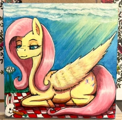 Size: 1963x1922 | Tagged: safe, artist:br333, imported from derpibooru, fluttershy, rabbit, acrylic painting, animal, auction, painting, picnic, traditional art