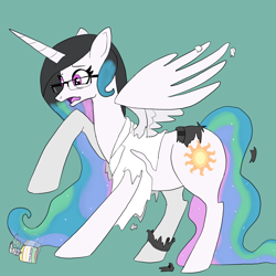 Size: 1920x1920 | Tagged: safe, artist:wereskunk, imported from derpibooru, princess celestia, alicorn, human, pony, clothes, ethereal mane, glasses, green background, hair growth, human to pony, male to female, mid-transformation, open mouth, pants, raised hoof, ripped, ripped pants, ripped shirt, rule 63, shampoo, shirt, simple background, solo, torn clothes, transformation, transgender transformation, worried