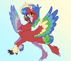 Size: 827x715 | Tagged: safe, artist:bishopony, imported from derpibooru, oc, oc only, oc:ruby (ruby.hippogriff), bird, hippogriff, parrot, blue hooves, claws, colored, colored hooves, colored wings, commission, eyelashes, flying, hippogriff oc, jewelry, leg fluff, multicolored hair, multicolored tail, multicolored wings, necklace, non-pony oc, open mouth, open smile, red feathers, shiny eyes, shiny hair, shiny hooves, shiny tail, short hair, short tail, signature, smiling, solo, spread wings, tail, wing fluff, wingding eyes, wings, yellow eyes