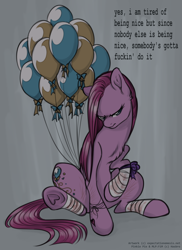 Size: 978x1342 | Tagged: safe, artist:expectationemesis, imported from derpibooru, pinkie pie, earth pony, pony, balloon, bandage, belly, female, frog (hoof), hoof heart, hoof on belly, mare, pinkamena diane pie, scar, self harm, signature, underhoof