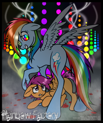 Size: 1050x1250 | Tagged: safe, artist:expectationemesis, imported from derpibooru, rainbow dash, scootaloo, pegasus, pony, fanfic:rainbow factory, blood, blood splatter, duo, fanfic art, female, filly, foal, mare, signature