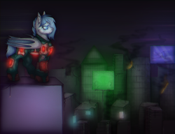 Size: 3000x2300 | Tagged: safe, artist:molars, imported from derpibooru, oc, oc only, oc:peace keeper, bat pony, pony, burning, city, complex background, cyberpunk, digital art, dystopia, fangs, female, fire, full body, glowing, glowing eyes, mare, red glow, screens, solo, teeth