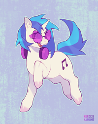 Size: 2060x2592 | Tagged: safe, artist:kuroikamome, imported from derpibooru, dj pon-3, vinyl scratch, pony, unicorn, blue mane, blue tail, cutie mark, ear fluff, female, glasses, headphones, horn, jumping, looking at you, mare, multicolored mane, multicolored tail, smiling, solo, tail, watermark