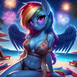 Size: 1024x1024 | Tagged: safe, imported from derpibooru, rainbow dash, anthro, abs, ai content, ai generated, aviator sunglasses, beach, beach chair, bikini, breasts, chair, cleavage, clothes, fireworks, generator:dall-e 3, looking at you, night, off shoulder, palm tree, prompter:glimmy-glam, shawl, solo, sunglasses, swimsuit, towel, tree, umbrella