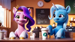 Size: 1280x720 | Tagged: safe, imported from derpibooru, pipp petals, trixie, pegasus, pony, unicorn, ai content, ai generated, coffee, coffee cup, cup, duo, female, g4 to g5, g5, generation leap, horn, mare