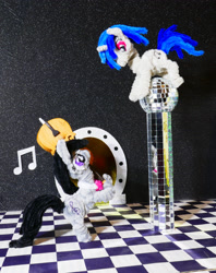 Size: 2850x3596 | Tagged: safe, alternate version, artist:malte279, imported from derpibooru, part of a set, dj pon-3, octavia melody, vinyl scratch, cello, chase, chenille, chenille stems, chenille wire, craft, disco ball, duo, duo female, female, musical instrument, pipe cleaner sculpture, pipe cleaners