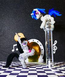 Size: 3118x3662 | Tagged: safe, alternate version, artist:malte279, imported from derpibooru, part of a set, dj pon-3, octavia melody, vinyl scratch, cello, chase, chenille, chenille stems, chenille wire, craft, disco ball, duo, duo female, female, musical instrument, pipe cleaner sculpture, pipe cleaners