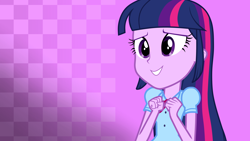 Size: 3840x2160 | Tagged: safe, artist:octosquish7260, imported from derpibooru, twilight sparkle, human, equestria girls, 4k, arms, blouse, bowtie, checkered background, clothes, excited, female, fingers, fist, hand, happy, high res, long hair, my little pony equestria girls: choose your own ending, puffy sleeves, smiling, solo, teenager, teeth, wallpaper