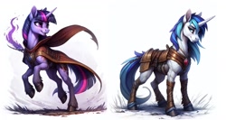 Size: 1800x960 | Tagged: safe, imported from derpibooru, shining armor, twilight sparkle, pony, unicorn, ai content, ai generated, armor, blood, brother and sister, cloak, clothes, duo, fantasy, female, fit, grass, horn, magic, male, mare, muscles, rock, siblings, simple background, slender, stallion, sternocleidomastoid, thin, white background