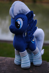 Size: 4160x6240 | Tagged: safe, artist:psychoshy_bc1q, imported from ponybooru, night glider, pegasus, pony, bokeh, cute, grass, irl, photo, plushie, river, solo, water