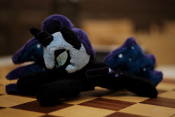 Size: 6240x4160 | Tagged: safe, artist:psychoshy_bc1q, imported from ponybooru, nightmare moon, alicorn, pony, bokeh, chess, chessboard, irl, photo, plushie, solo