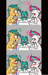 Size: 596x917 | Tagged: safe, artist:jully-park, imported from derpibooru, hitch trailblazer, zipp storm, dragon, earth pony, pegasus, pony, blushing, countershading, female, g5, gray background, hitchzipp, male, mare, shipping, simple background, sparky sparkeroni, stallion, sternoc, straight, trio