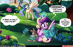 Size: 2560x1661 | Tagged: safe, artist:faline-art, artist:lummh, imported from derpibooru, princess cadance, princess celestia, smarty pants, alicorn, pony, comic:the princess of love, book, butt, canterlot gardens, cute, cutedance, dialogue, duo, duo female, female, filly, filly cadance, flower, garden, hedge, high res, levitation, looking back, magic, mare, mouth hold, plot, reading, scissors, sewing, sewing needle, sitting, speech bubble, spread wings, sunbutt, telekinesis, thought bubble, tree, wings, younger