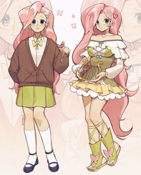 Size: 2603x3227 | Tagged: safe, artist:erinartista, imported from derpibooru, fluttershy, human, clothes, female, hairclip, harp, humanized, musical instrument, skirt, socks, solo, zoom layer