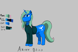 Size: 3000x2000 | Tagged: safe, artist:petri_1127, imported from derpibooru, oc, oc only, oc:azure bliss, unicorn, blue coat, blue eyes, clothes, female, green mane, hoodie, horn, mare, reference sheet, unicorn oc