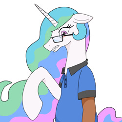 Size: 1280x1280 | Tagged: safe, artist:wereskunk, imported from derpibooru, princess celestia, alicorn, human, pony, blushing, clothes, ethereal mane, glasses, human to pony, male to female, mid-transformation, polo shirt, rule 63, shirt, simple background, solo, transformation, transgender transformation, white background