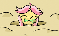 Size: 1156x721 | Tagged: safe, artist:craftycirclepony, imported from derpibooru, oc, oc:crafty circles, beach, cute, dirty, female, filly, foal, freckles, hole, looking at you, mouth hold, sand, shovel, smiling, solo
