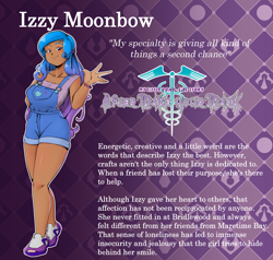 Size: 6347x6048 | Tagged: safe, artist:jackudoggy, imported from derpibooru, izzy moonbow, human, abstract background, big breasts, breasts, busty izzy moonbow, dark skin, g5, gradient background, humanized, moderate dark skin, overall shorts, reference sheet, text