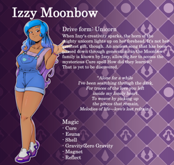 Size: 6347x6048 | Tagged: safe, artist:jackudoggy, imported from derpibooru, izzy moonbow, human, abstract background, big breasts, breasts, busty izzy moonbow, dark skin, g5, gradient background, humanized, moderate dark skin, overall shorts, reference sheet, text