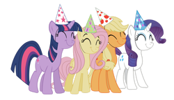 Size: 1600x931 | Tagged: safe, artist:stricer555, imported from derpibooru, applejack, fluttershy, rarity, twilight sparkle, earth pony, pegasus, pony, unicorn, ^^, eyes closed, female, hat, mare, party hat, simple background, transparent background, unicorn twilight, vector
