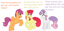 Size: 4092x2034 | Tagged: safe, artist:zoeyhorse, imported from derpibooru, apple bloom, scootaloo, sweetie belle, earth pony, pegasus, pony, unicorn, blank flank, cutie mark crusaders, dialogue, female, filly, foal, high res, horn, implied granny smith, rearing, simple background, this will end in pain and/or death, tooth gap, trio, white background